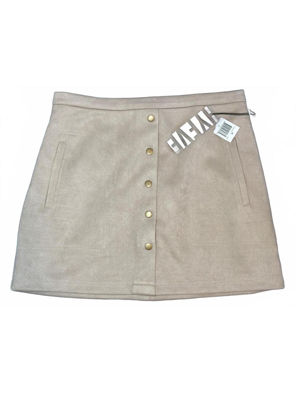 HYFVE Beige Faux Suede Fully Lined Mini Skirt Large Button Front Pocket Design